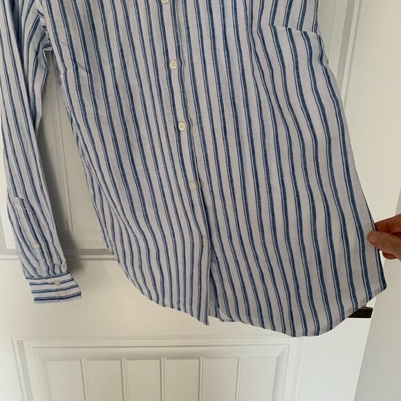 UNTUCKit Top 2 100% Linen Button Up Shirt Blue White Stripe Perfect Holiday Gift - Picture 5 of 10